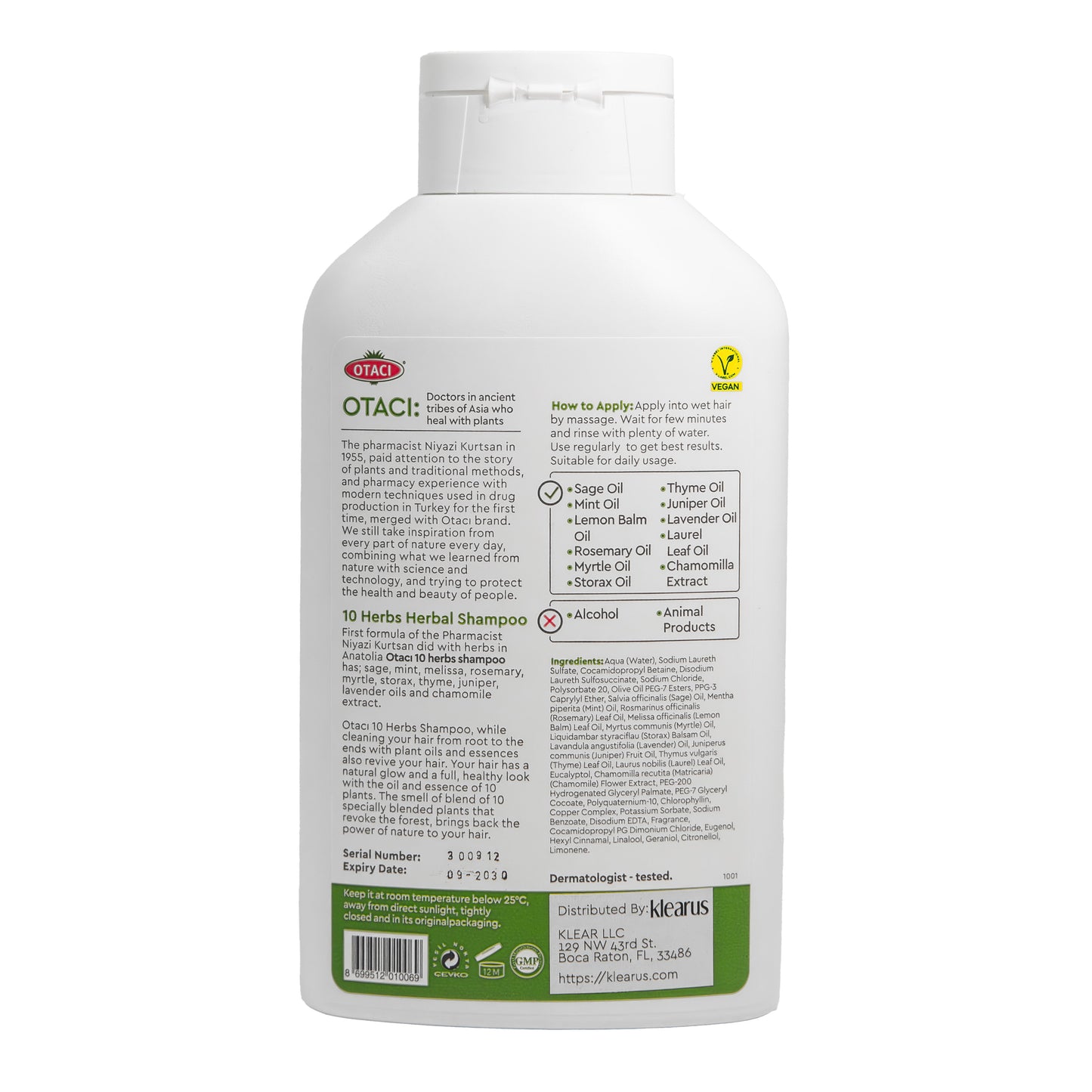 Otaci 10 Herbs Brightening Shampoo | Enhance Shine & Cleanse | Silicon - Free, Paraben - Free | Sage, Lavender, Chamomile | 400ml - Klearus