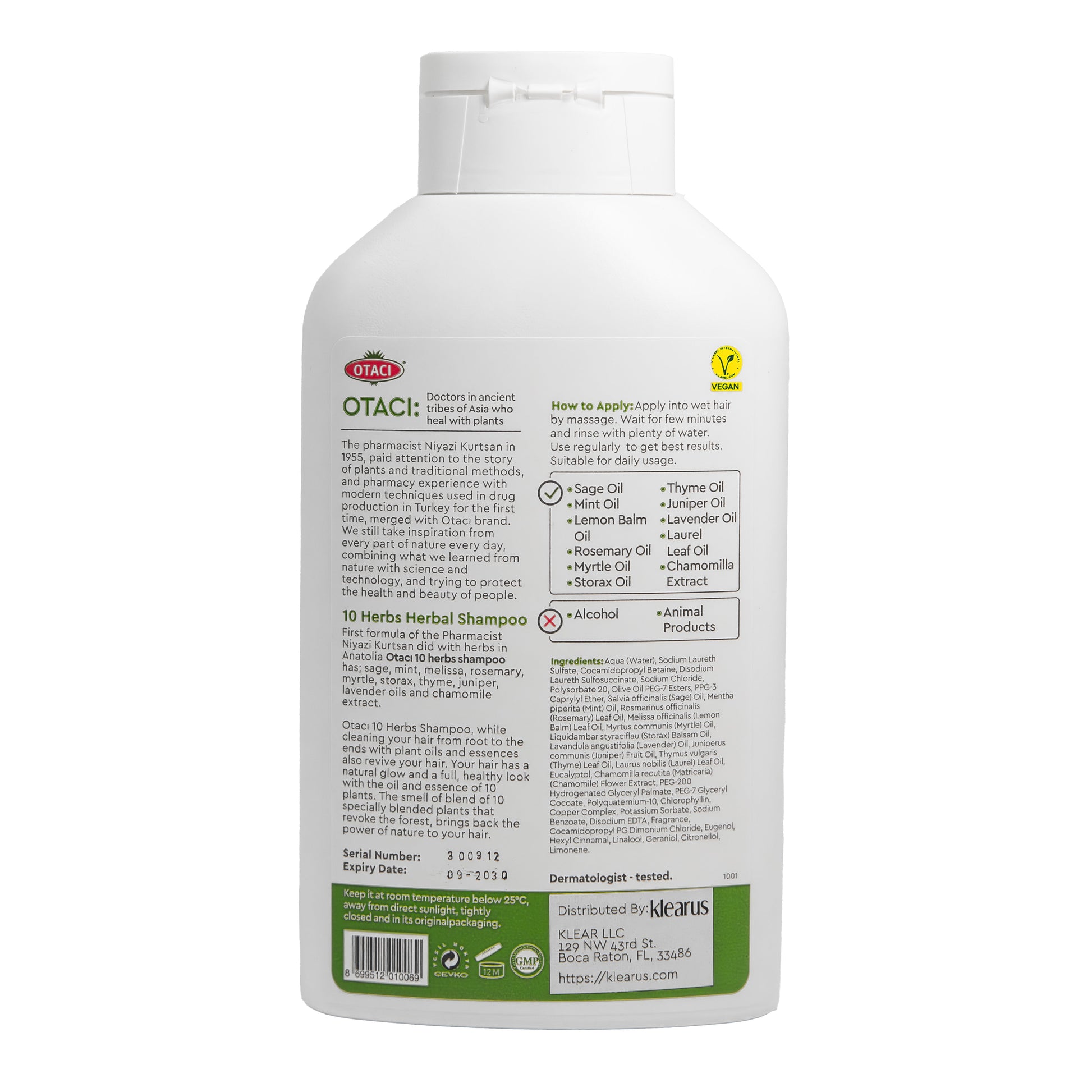 Otaci 10 Herbs Brightening Shampoo | Enhance Shine & Cleanse | Silicon - Free, Paraben - Free | Sage, Lavender, Chamomile | 400ml - Klearus